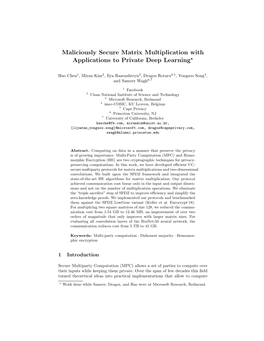 Maliciously Secure Matrix Multiplication with Applications to Private Deep Learning?