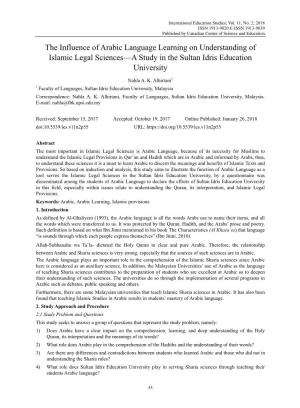 The Influence of Arabic Language Learning on Understanding of Islamic Legal Sciences—A Study in the Sultan Idris Education University