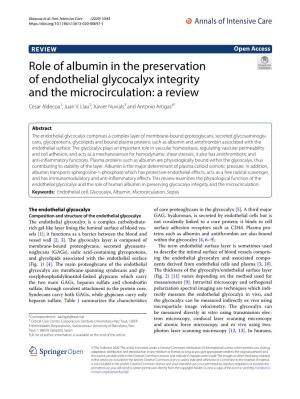 Role of Albumin in the Preservation of Endothelial Glycocalyx Integrity and the Microcirculation: a Review Cesar Aldecoa1, Juan V