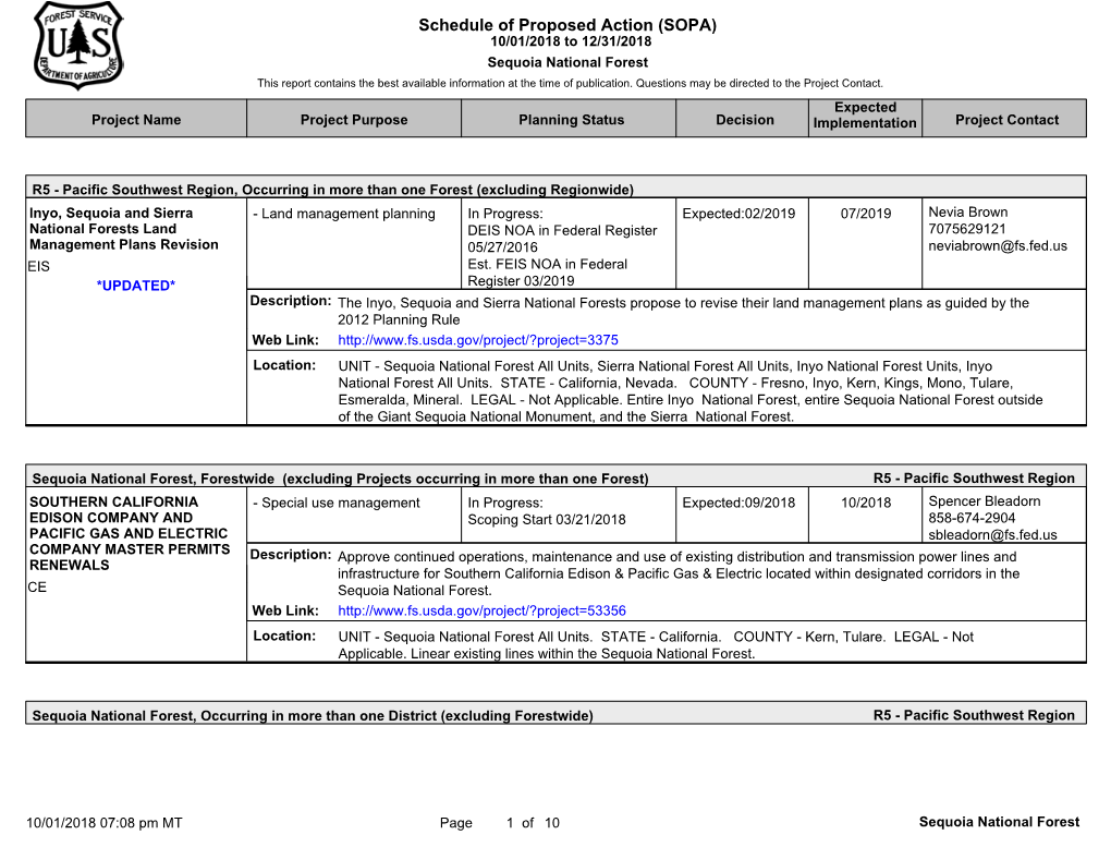 Schedule of Proposed Action (SOPA) 10/01/2018 to 12/31/2018 Sequoia National Forest This Report Contains the Best Available Information at the Time of Publication