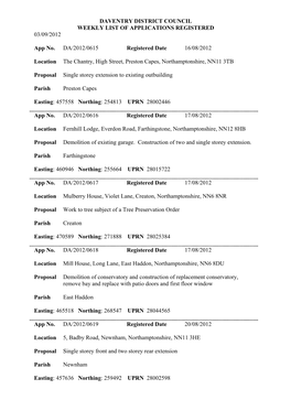 Daventry District Council Weekly List of Applications Registered 03/09/2012