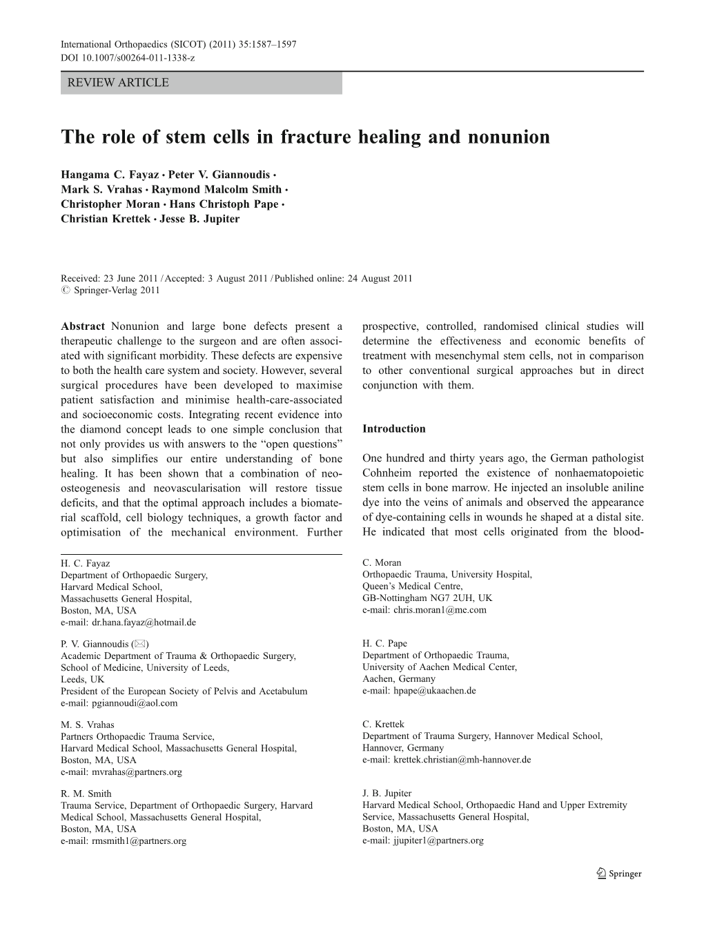 The Role of Stem Cells in Fracture Healing and Nonunion