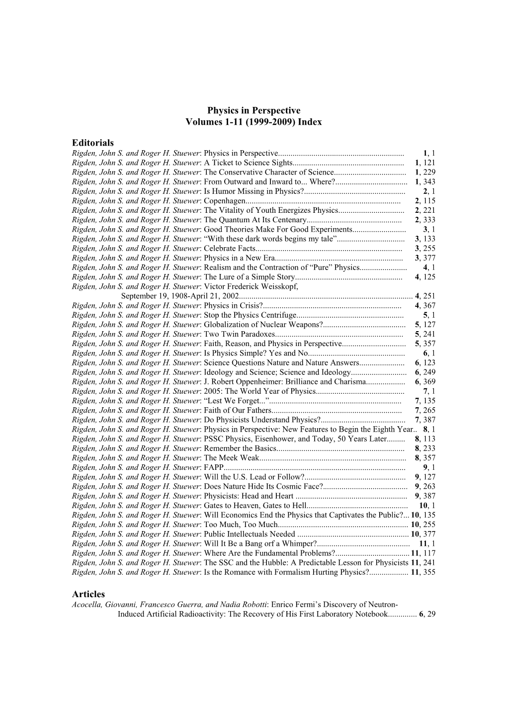 Physics in Perspective Volumes 1-11 (1999-2009) Index