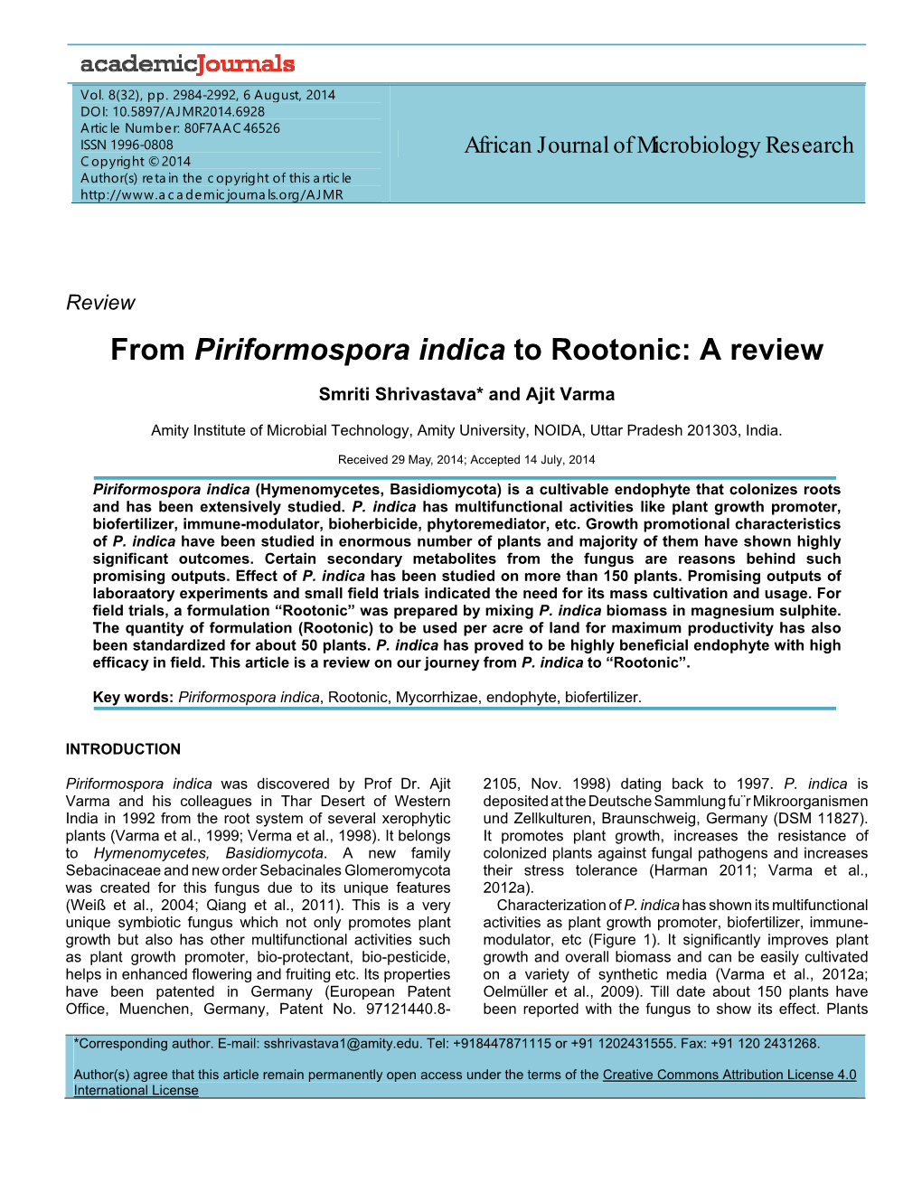 From Piriformospora Indica to Rootonic: a Review