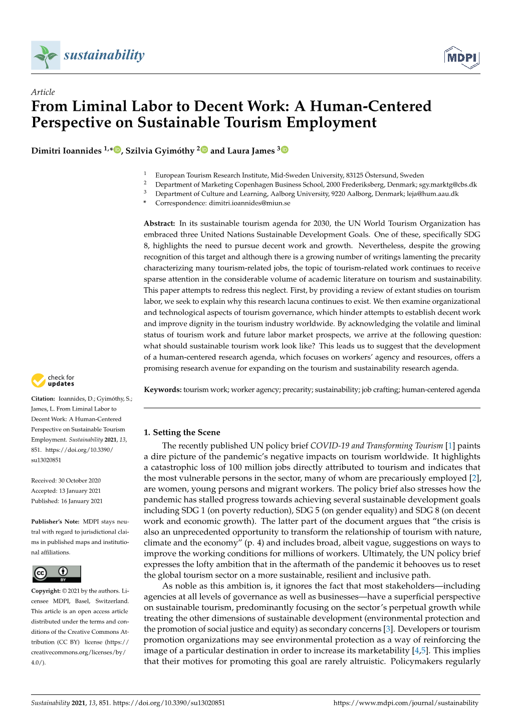 From Liminal Labor to Decent Work: a Human-Centered Perspective on Sustainable Tourism Employment