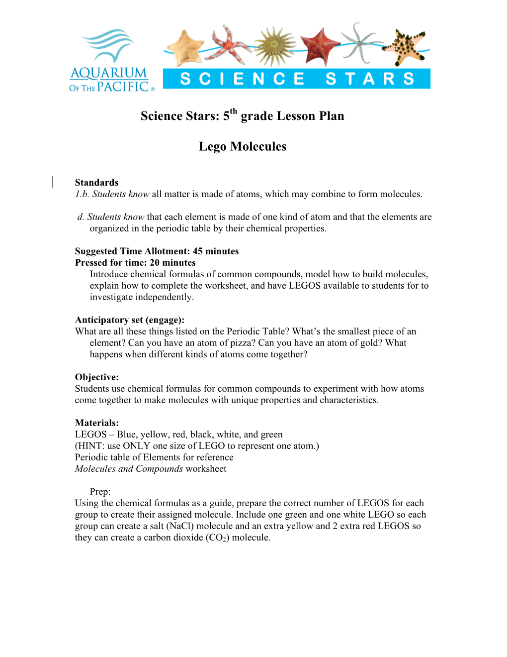 5Th Grade Lesson Plan Lego Molecules