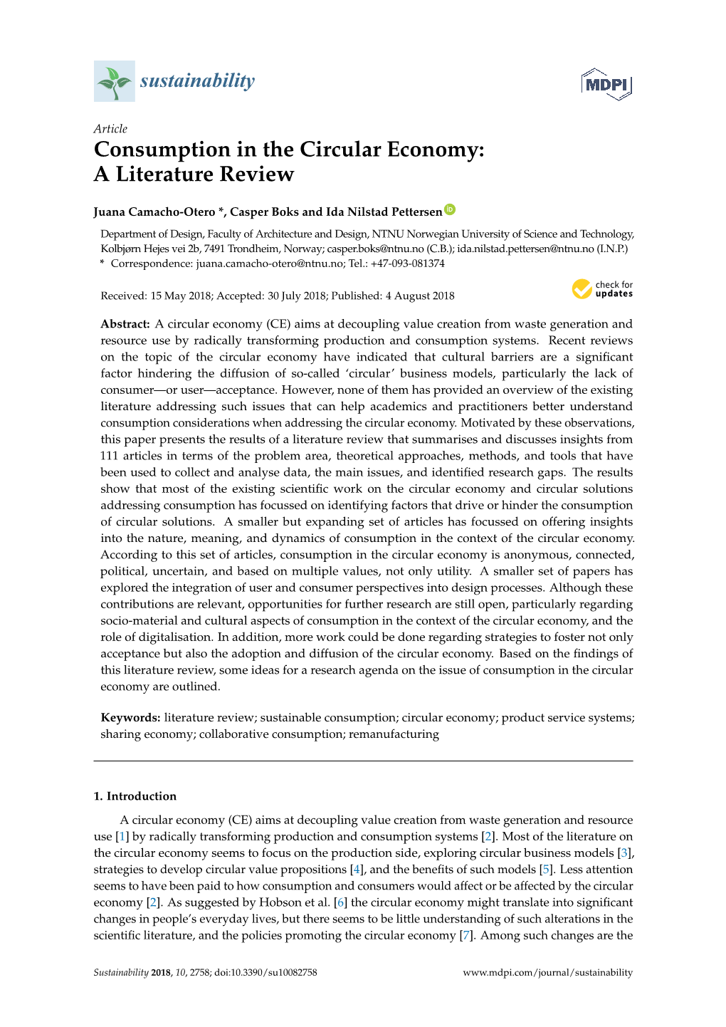 Consumption in the Circular Economy: a Literature Review