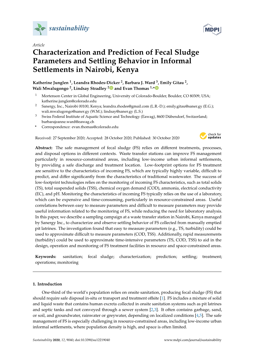 Characterization and Prediction of Fecal Sludge Parameters and Settling Behavior in Informal Settlements in Nairobi, Kenya