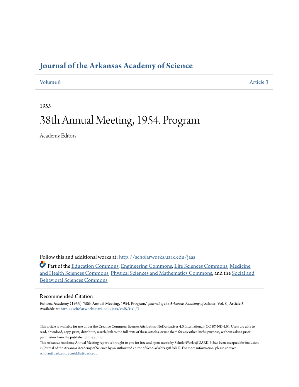 38Th Annual Meeting, 1954. Program Academy Editors