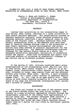 CA-MNO-574 and -833: a LOOK at CASA DIABLO OBSIDIAN PRODUCTION at STONEWORKING SITES in LONG VALLEY, MONO COUNTY Sheila L. Mone