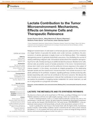 Lactate Contribution to the Tumor Microenvironment: Mechanisms, Effects on Immune Cells and Therapeutic Relevance