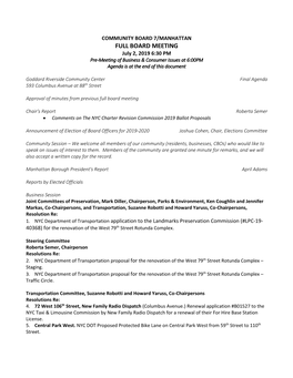 COMMUNITY BOARD 7/MANHATTAN FULL BOARD MEETING July 2, 2019 6:30 PM Pre-Meeting of Business & Consumer Issues at 6:00PM Agenda Is at the End of This Document