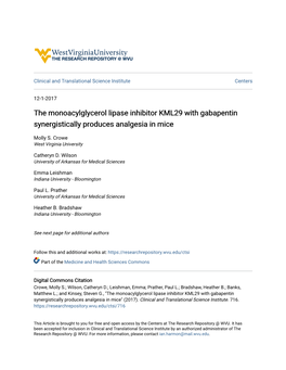 The Monoacylglycerol Lipase Inhibitor KML29 with Gabapentin Synergistically Produces Analgesia in Mice