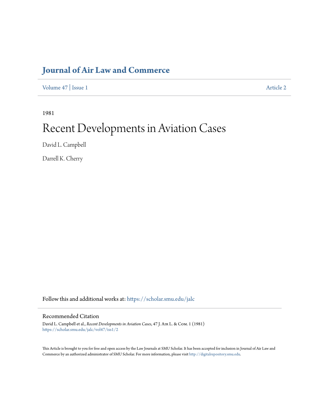 Recent Developments in Aviation Cases David L