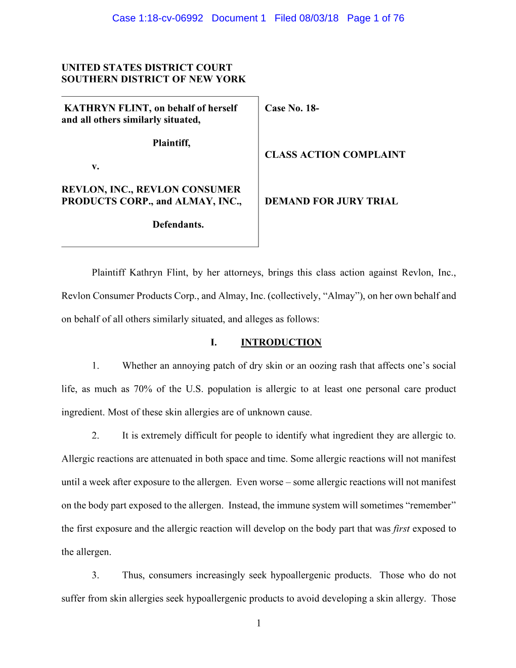 1 UNITED STATES DISTRICT COURT SOUTHERN DISTRICT of NEW YORK KATHRYN FLINT, on Behalf of Herself and All Others Similarly Situat