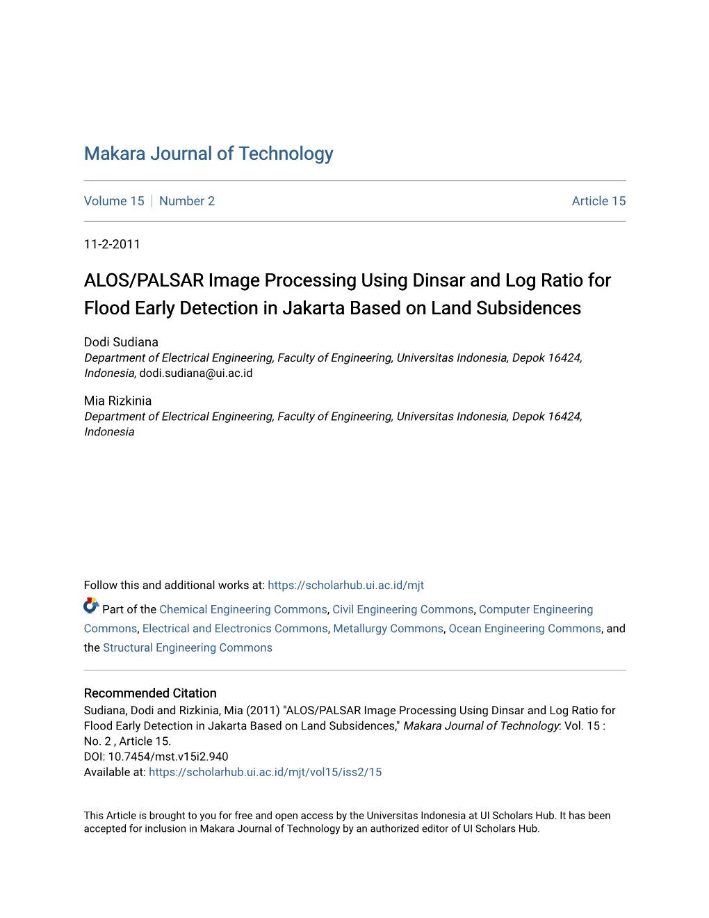 ALOS/PALSAR Image Processing Using Dinsar and Log Ratio for Flood Early Detection in Jakarta Based on Land Subsidences