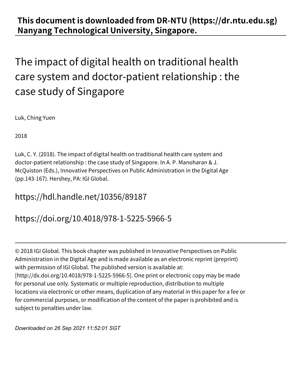 The Impact of Digital Health on Traditional Health Care System and Doctor‑Patient Relationship : the Case Study of Singapore