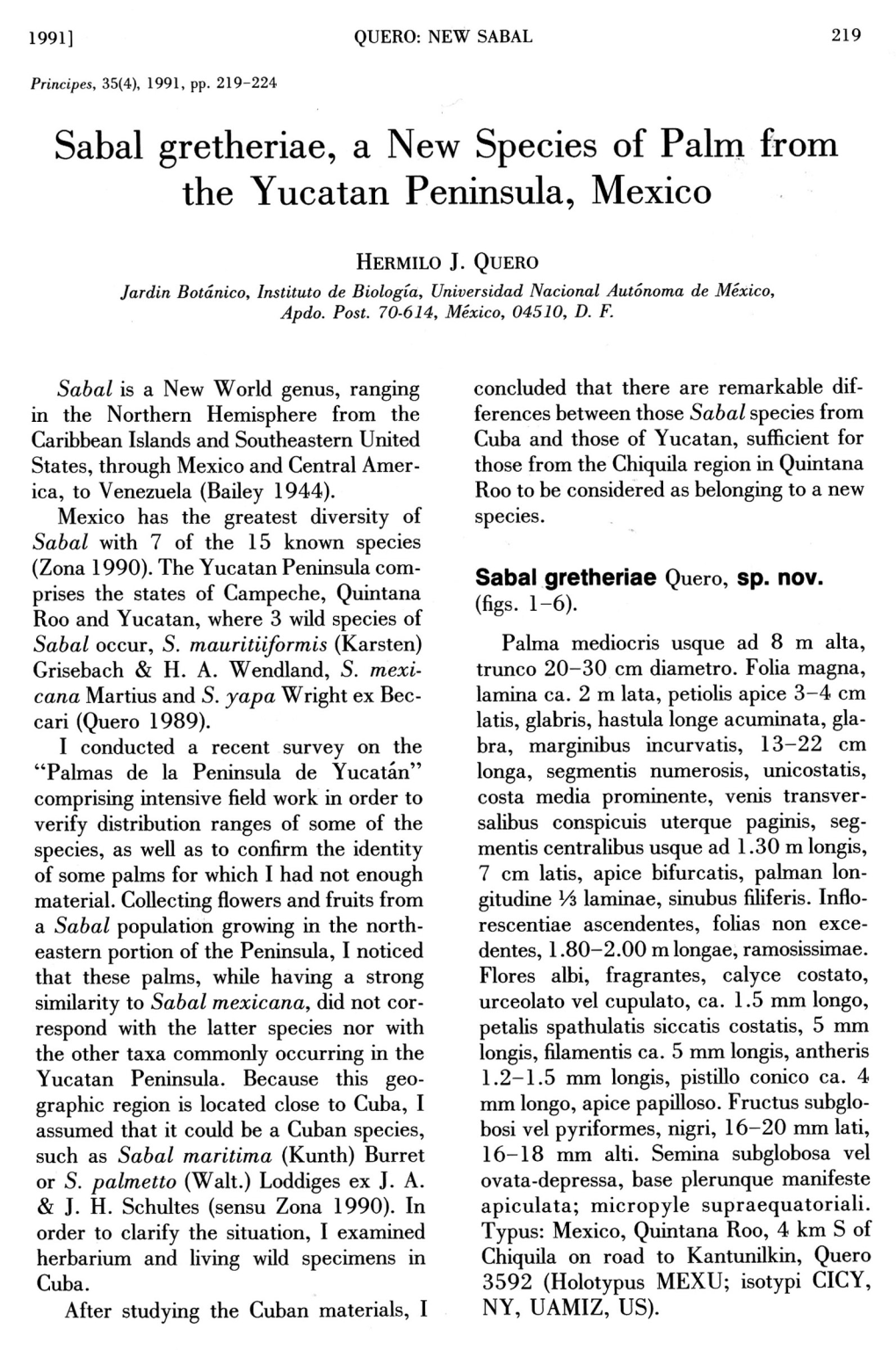 Sabal Gretheriae, a New Species of Palm from the Yucatan Peninsula, Mexico