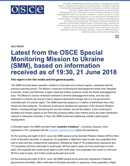 Latest from the OSCE Special Monitoring Mission to Ukraine (SMM), Based on Information Received As of 19:30, 21 June 2018