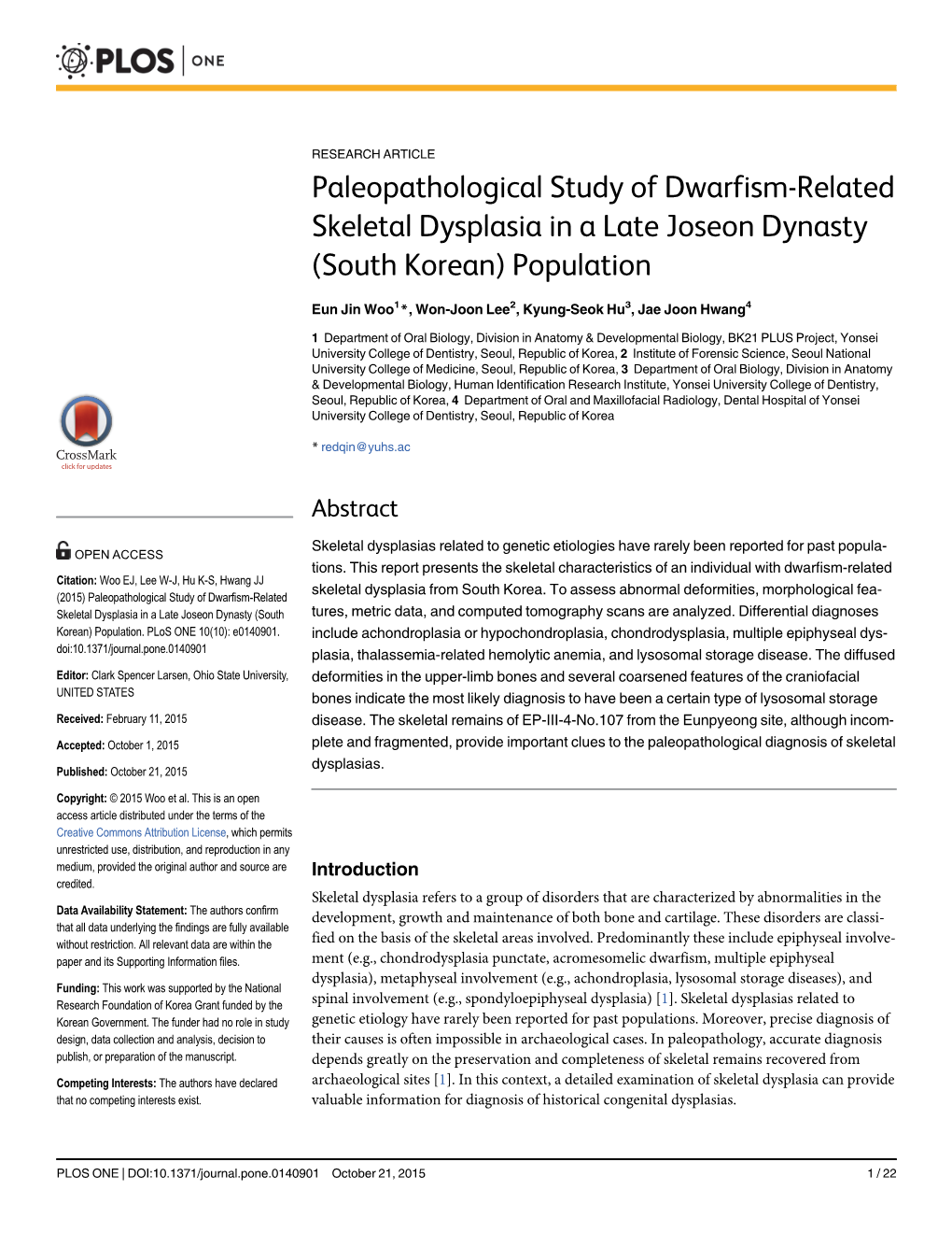 Paleopathological Study of Dwarfism-Related Skeletal Dysplasia in a Late Joseon Dynasty (South Korean) Population