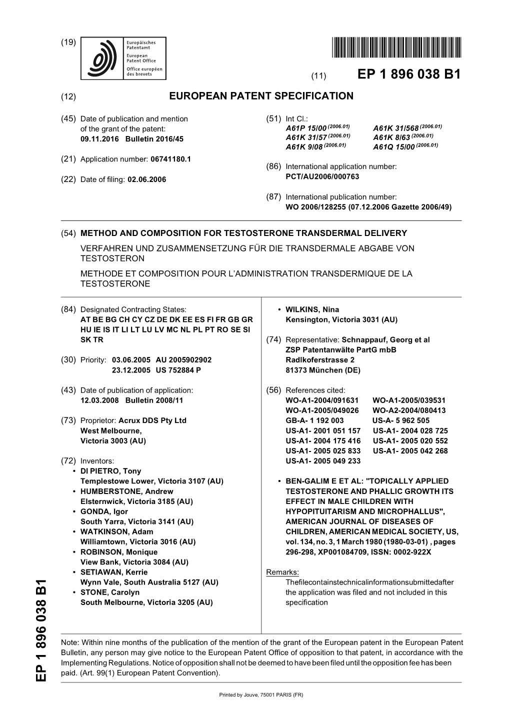 Method and Composition for Testosterone Transdermal