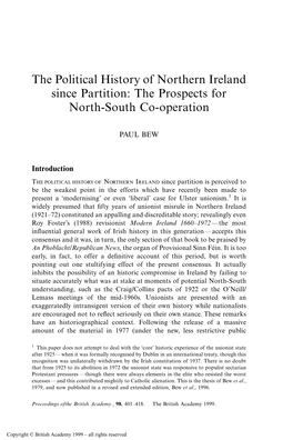 The Political History of Northern Ireland Since Partition: the Prospects for North-South Co-Operation
