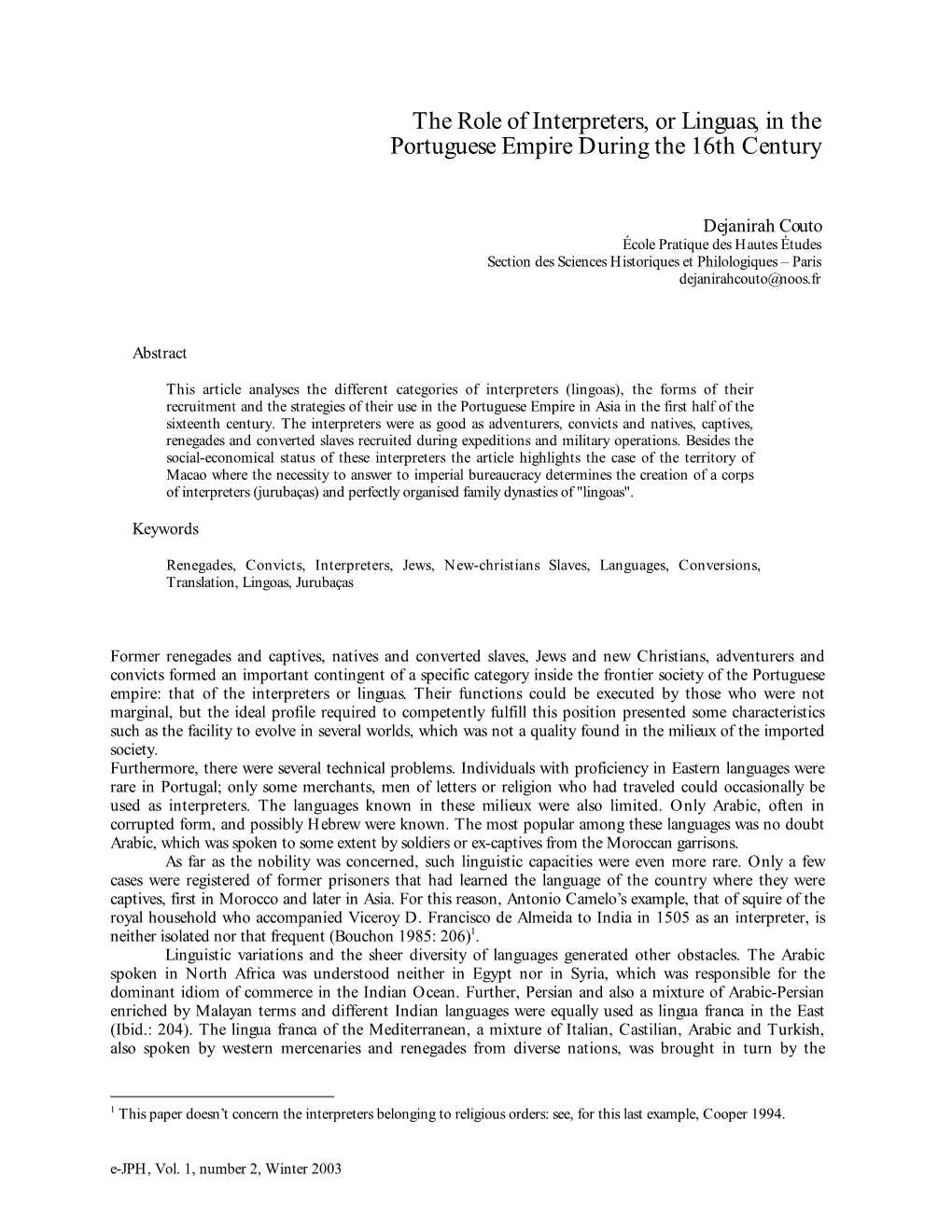 The Role of Interpreters, Or Linguas, in the Portuguese Empire During the 16Th Century