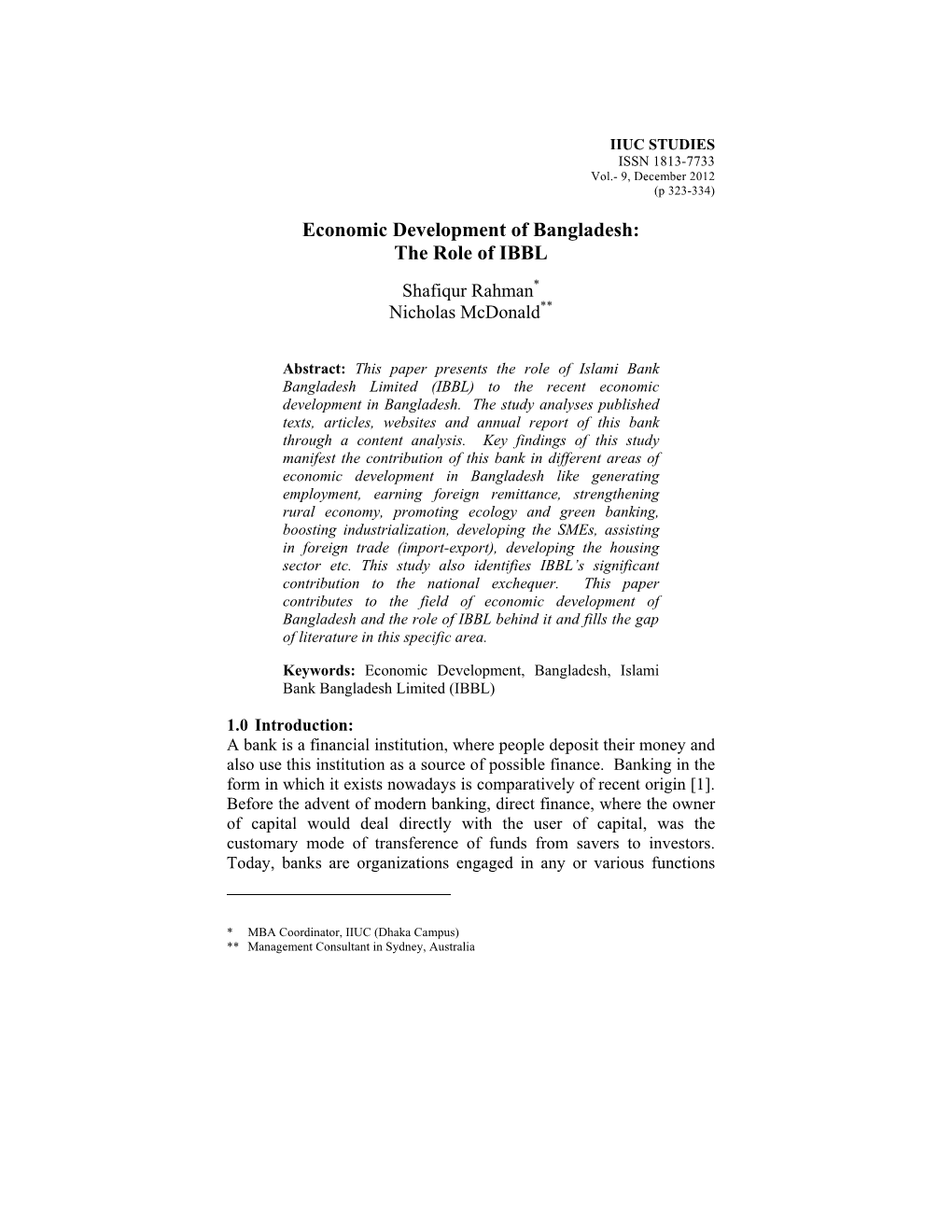 Economic Development of Bangladesh: the Role of IBBL Shafiqur Rahman* Nicholas Mcdonald**