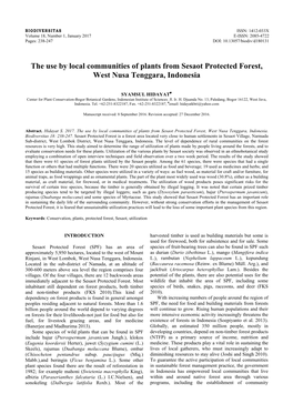 The Use by Local Communities of Plants from Sesaot Protected Forest, West Nusa Tenggara, Indonesia