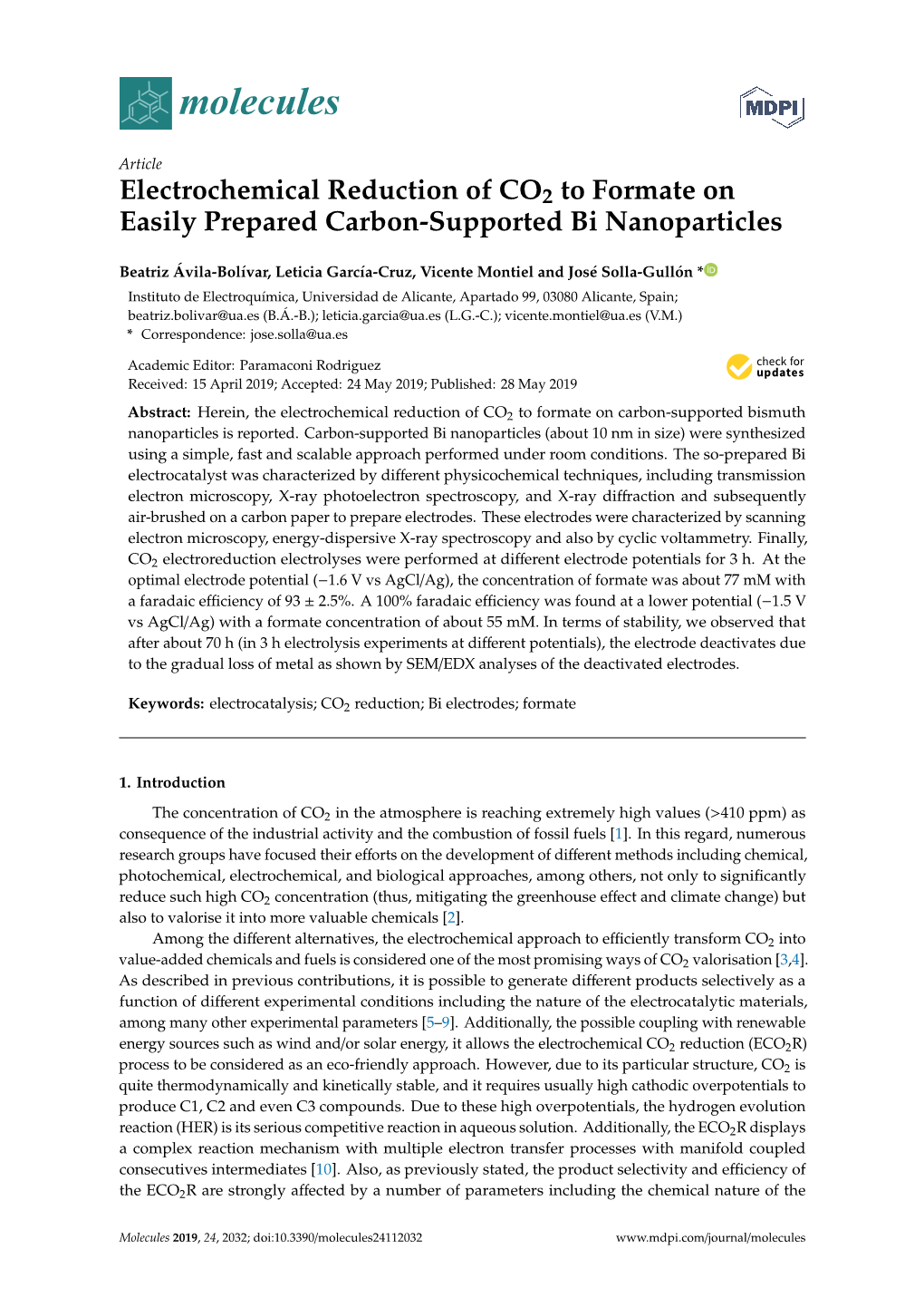 Electrochemical Reduction of CO2 to Formate on Easily Prepared Carbon-Supported Bi Nanoparticles