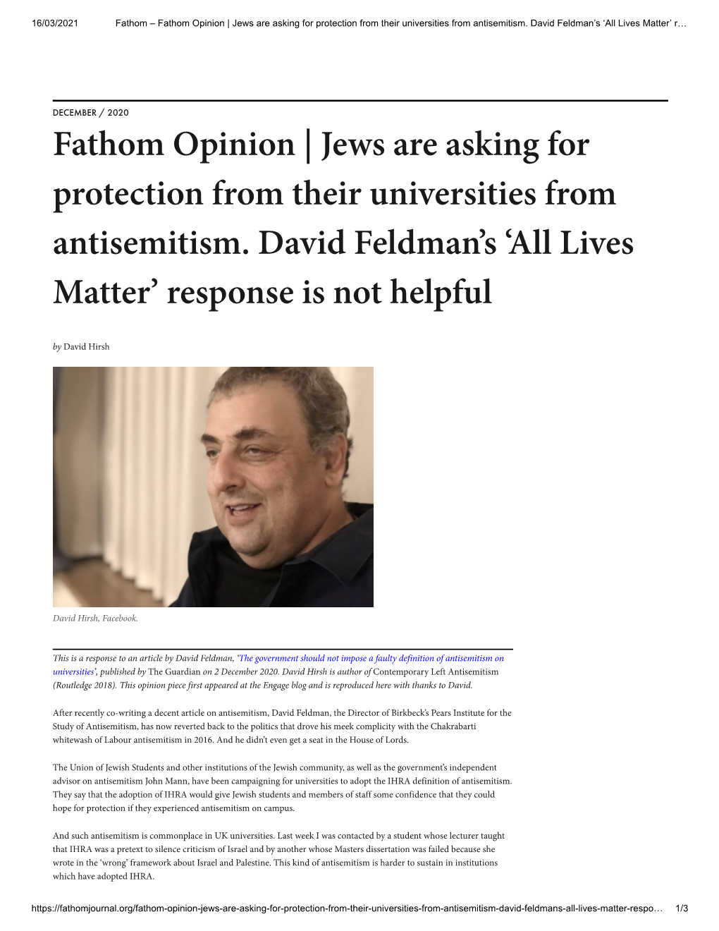 Fathom Opinion | Jews Are Asking for Protection from Their Universities from Antisemitism. David Feldman's 'All Lives Matter