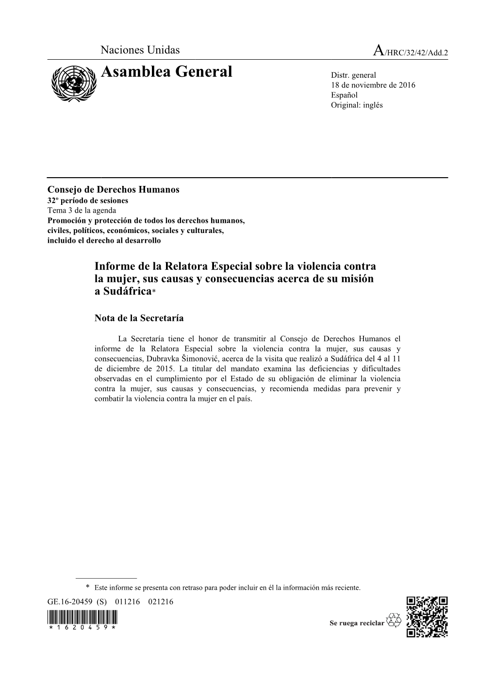 Page 1 GE.16-20459 (S) 011216 021216 Consejo De Derechos