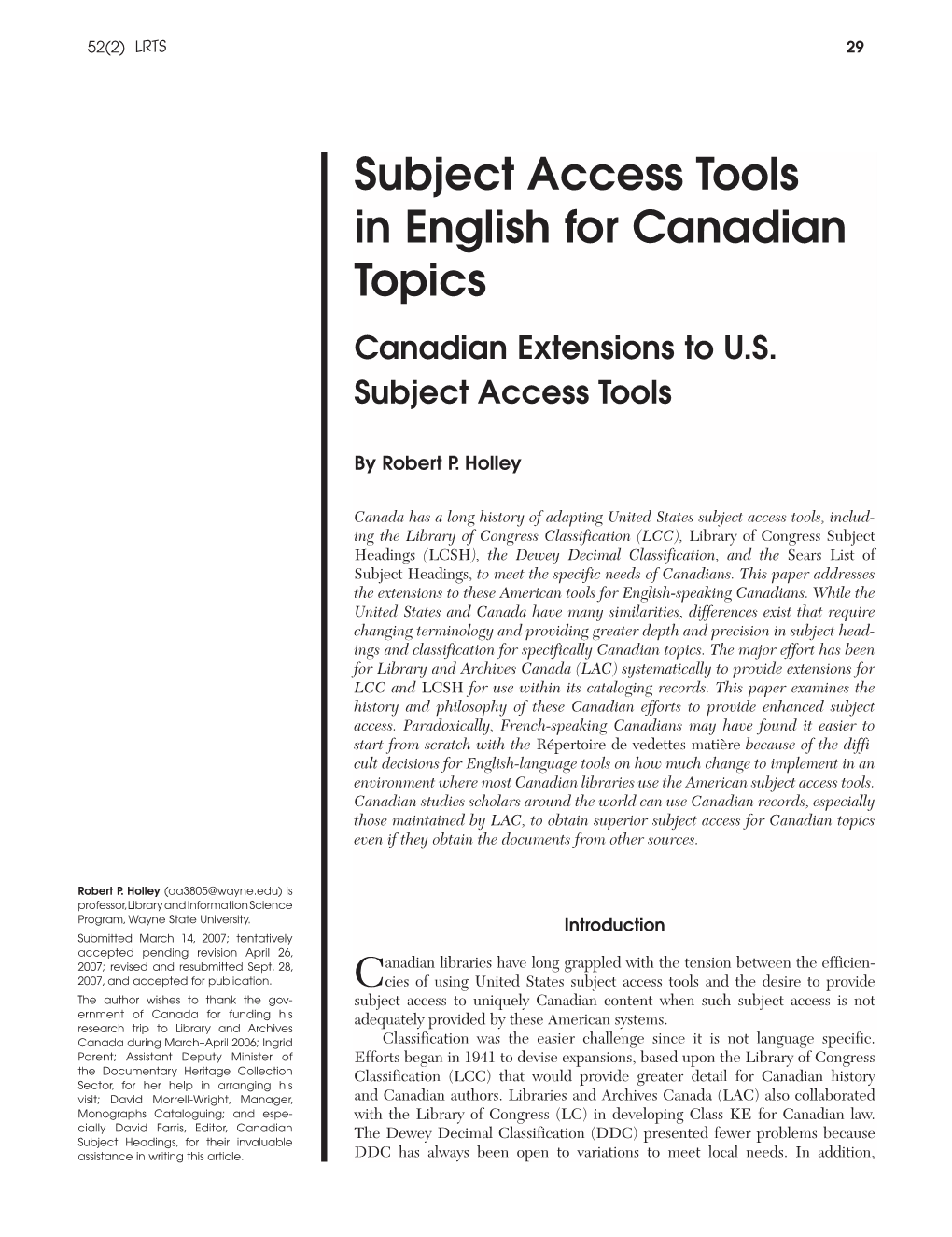 Subject Access Tools in English for Canadian Topics Canadian Extensions to U.S