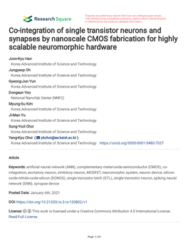 Co-Integration of Single Transistor Neurons and Synapses by Nanoscale CMOS Fabrication for Highly Scalable Neuromorphic Hardware