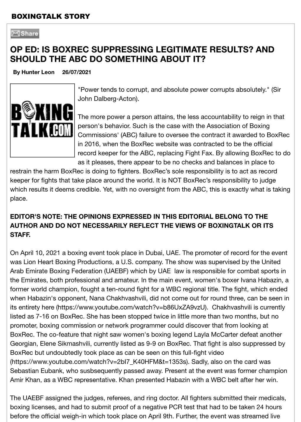 Op Ed: Is Boxrec Suppressing Legitimate Results? and Should the Abc Do Something About It?