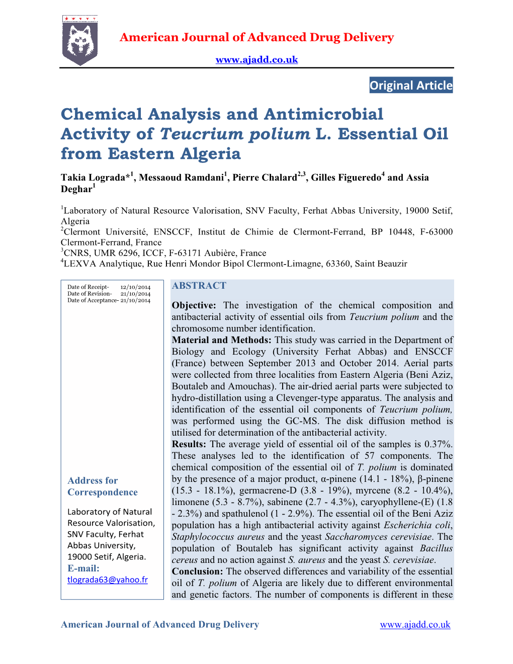 Chemical Analysis and Antimicrobial Activity of Teucrium Polium L