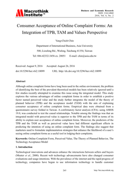 Consumer Acceptance of Online Complaint Forms: an Integration of TPB, TAM and Values Perspective