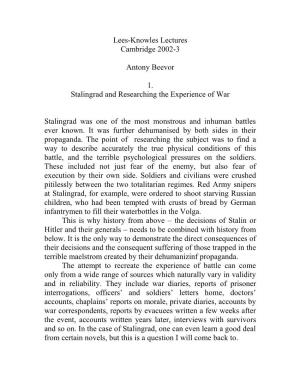 Stalingrad and Researching the Experience of War