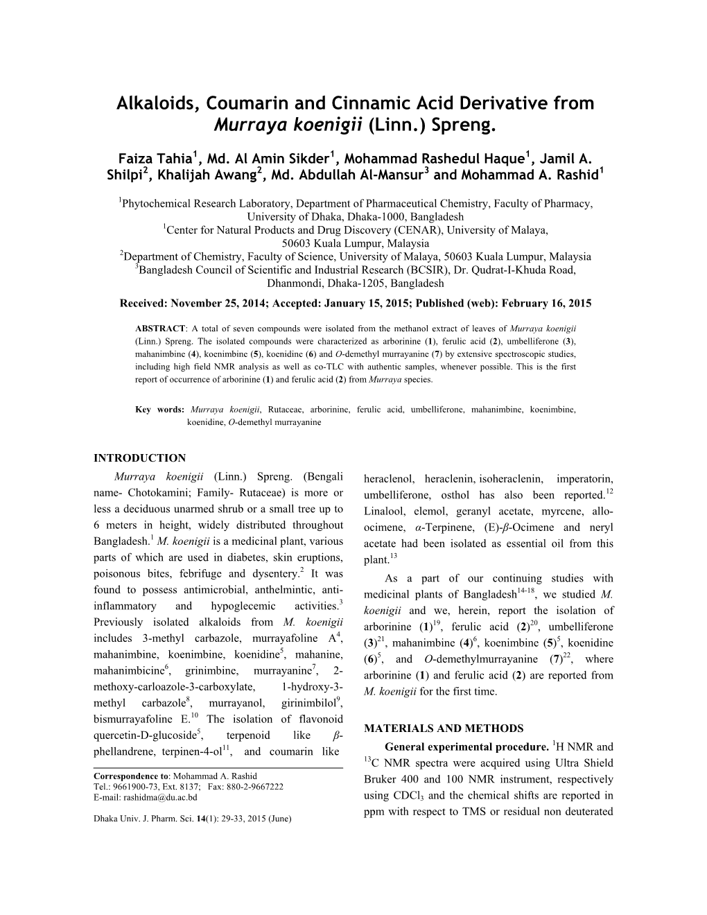 Alkaloids, Coumarin and Cinnamic Acid Derivative from Murraya Koenigii (Linn.) Spreng