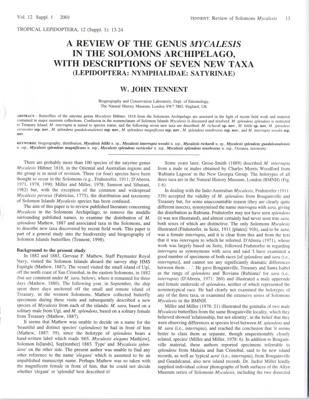 A Review of the Genus Mycalesis in the Solomons Archipelago, with Descriptions of Seven New Taxa (Lepidoptera: Nymphalidae: Satyrinae)