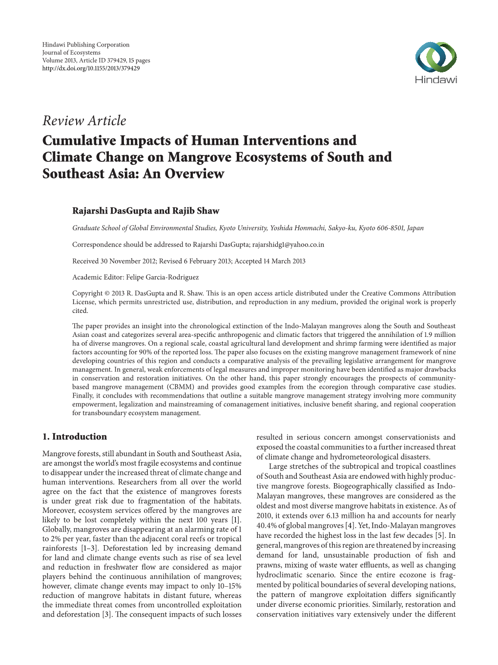 Cumulative Impacts of Human Interventions and Climate Change on Mangrove Ecosystems of South and Southeast Asia: an Overview