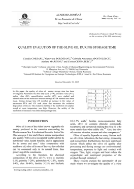 Quality Evalution of the Olive Oil During Storage Time