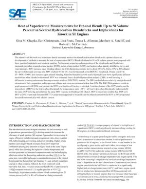 Heat of Vaporization Measurements for Ethanol Blends up to 50 Volume Percent in Several Hydrocarbon Blendstocks and Implications for Knock in SI Engines