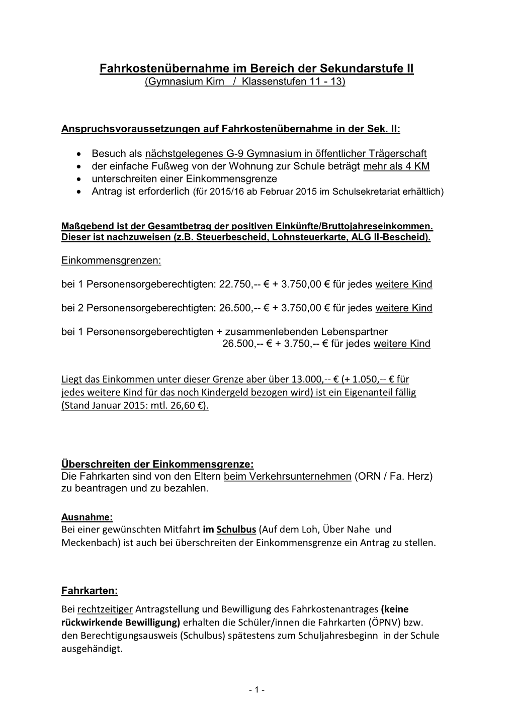 Fahrkostenübernahme Im Bereich Der Sekundarstufe II (Gymnasium Kirn / Klassenstufen 11 - 13)