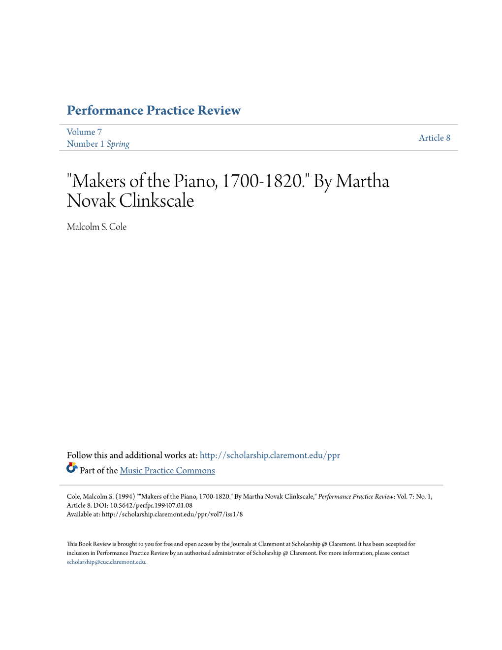 Makers of the Piano, 1700-1820." by Martha Novak Clinkscale Malcolm S