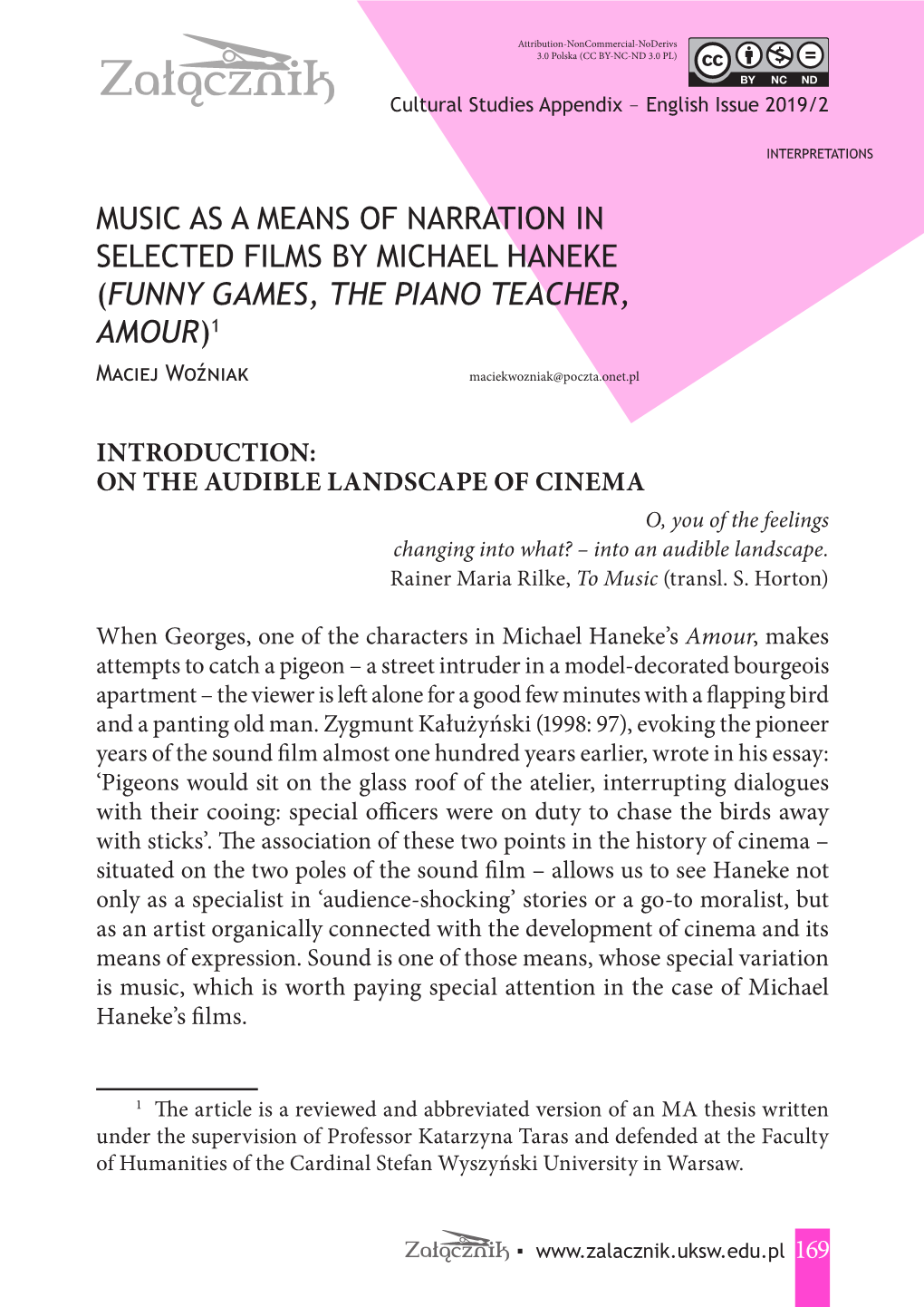 Music As a Means of Narration in Selected Films by Michael Haneke (Funny Games, the Piano Teacher, Amour)1