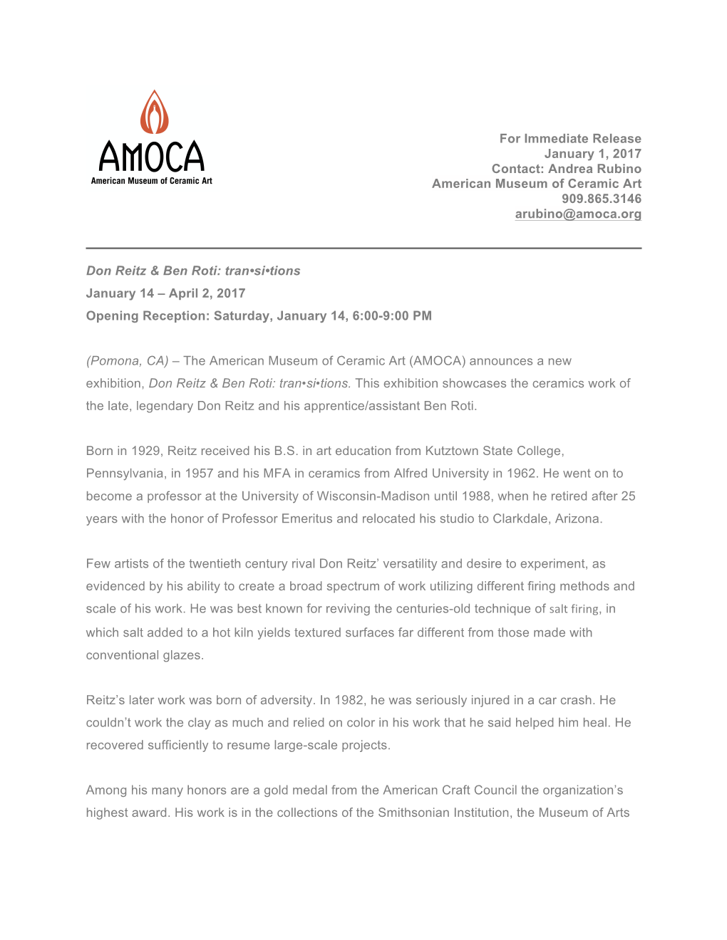 For Immediate Release January 1, 2017 Contact: Andrea Rubino American Museum of Ceramic Art 909.865.3146 Arubino@Amoca.Org