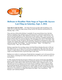 Bodeans to Headline Main Stage at Naperville Jaycees Last Fling on Saturday, Sept