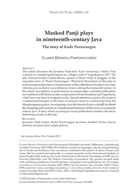 Masked Panji Plays in Nineteenth-Century Java the Story of Kuda Narawangsa