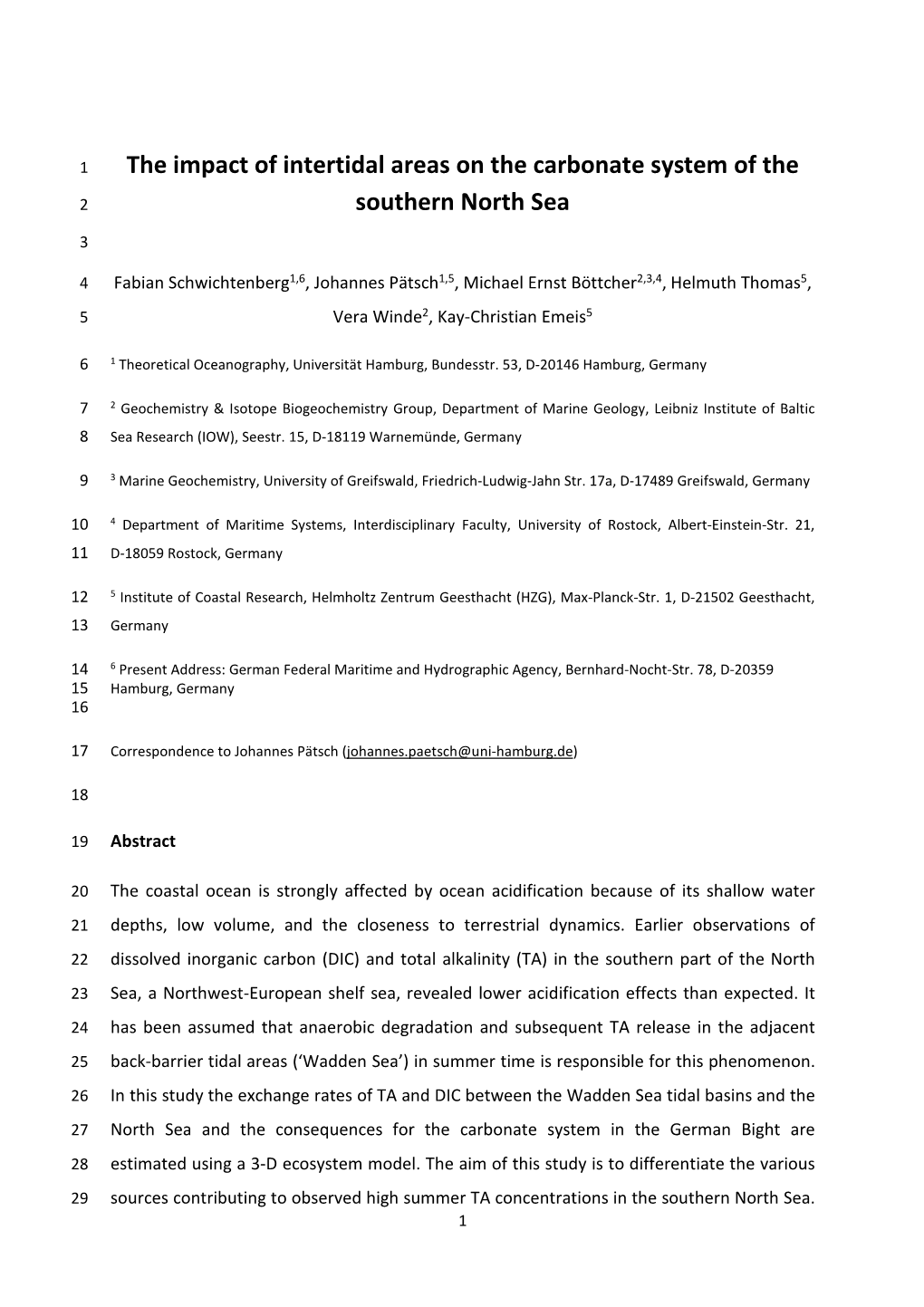 The Impact of Intertidal Areas on the Carbonate System of the Southern North